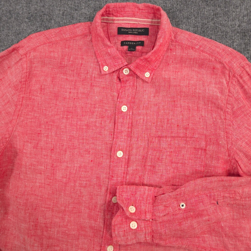 Banana Republic Linen Shirt Mens S Red White Woven Camden Fit Long Sleeve Preppy